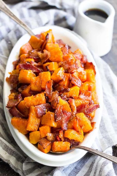 Maple Bacon Roasted Butternut Squash {Paleo} - The Paleo Running Momma Side Dishes With Bacon, Dishes With Bacon, Paleo Running Momma, Paleo Sides, Sweet Potato Hash, Thanksgiving Side, Maple Bacon, Healthy Dog Treat Recipes, Paleo Breakfast