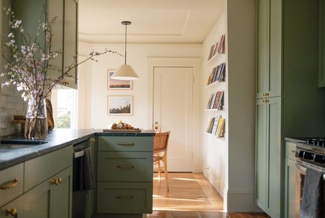 Shotgun Kitchen, 1920s Craftsman, 1980s Kitchen, 1920s Kitchen, Stoffer Home, Kitchen Cabinet Trends, Upper Cabinet, Sage Green Kitchen, Narrow Rooms