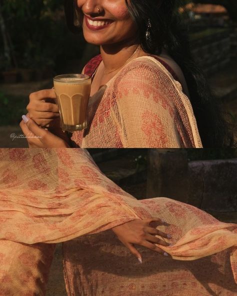 Saree Photography Aesthetic, Vintage Indian Saree Aesthetic, Saree Vintage Aesthetic, Indian Aesthetic Poses Photo Ideas, Vintage Photoshoot Aesthetic, Vintage Saree Photoshoot, Tea Aesthetic Vintage, Vintage Desi Aesthetic, Vintage Indian Aesthetic