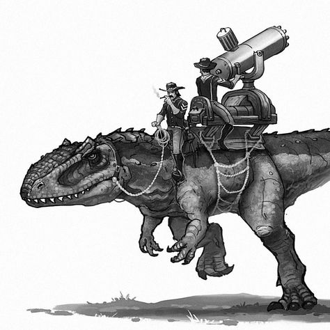 1,720 Likes, 18 Comments - Shaun Keenan (@shaunmichaelkeenan) on Instagram: “Bring in the big gun. #oldwestdinosaurs #giganotosaurus #cowboy #cavalry #gatlinggun #dinosaurs…” Nature Artwork Draw, Creature Fantasy, Dinosaur Drawing, Dinosaur Illustration, Ark Survival Evolved, Paleo Art, Nature Artwork, Jurassic Park World, Dinosaur Art