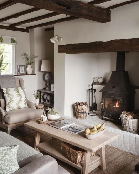 English Cottage Fireplace, Tiny House Fireplace, Wood Burner Fireplace, Utah House, Cottage Fireplace, Cottage Interior Design, Oak House, Faux Beams, Inglenook Fireplace