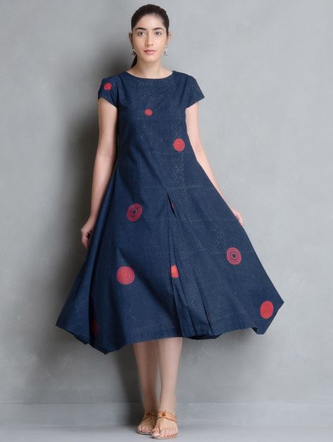 Indigo-Red Block Printed Asymmetrical Box Pleated Cotton Dress  https://www.jaypore.com/indigo-white-red-block-printed-asymmetrical-box-pleated-cotton-dress-p129525 Fitted Red Block Print Dress, Red Cotton Maxi Dress With Block Print, Indigo Block Print Kurti Designs, Palazzos Pants, Indigo Cotton Dress With Block Print, Cotton V-neck Block Print Dress, Anarkali Designs, Simple Kurta, Cotton Dress Pattern