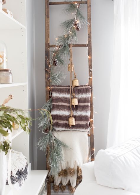 Sunbeam electro throw on ladder Bells On Blanket Ladder, Wreath On Blanket Ladder, How To Decorate A Blanket Ladder For Christmas, Indoor Ladder Christmas Decor, Winter Ladder Decor, Holiday Ladder Decor, Stockings On Ladder Christmas, Christmas Blanket Ladder Decor, Blanket Ladder Christmas