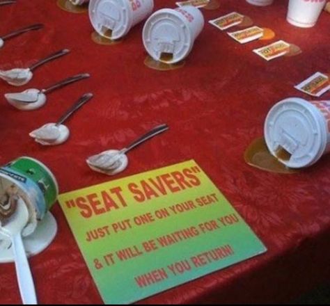 These are awesome!!! Save Your Seat with a Fake Spilled Treat Funny Commercial Ads, Funny Commercials, Commercial Ads, Take My Money, April Fools, A Sign, Bones Funny, Fun Stuff, Funny Pictures