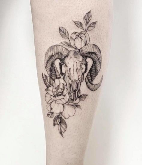 Large Aries Tattoo, Aries Realistic Tattoo, Ram With Flowers Tattoo, Ram Zodiac Tattoo, Aries Horoscope Tattoo, Aries Rose Tattoo, Aries Horns Tattoo, Womens Aries Tattoo, Floral Aries Tattoo