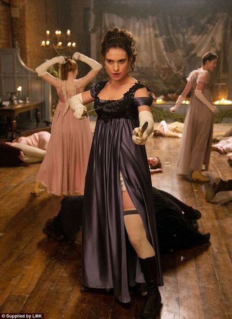 Lily James - Lizzie Bennet - Elizabeth Bennet - Ellie Bamber - Lydia Bennet - Camilla Brady - Millie Brady - Mary Bennet - Pride and Prejudice and Zombies Jane Austen Movies, Pride And Prejudice And Zombies, Lizzie Bennet, Elizabeth Bennet, Zombie Costume, Lily James, Costume Drama, Mary Elizabeth, Period Costumes