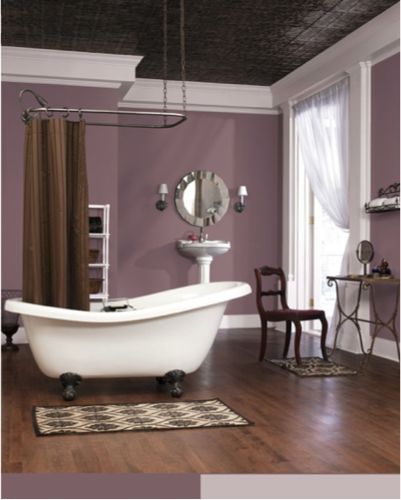 No bathroom tiles to caulk? In that case, be sure your flooring is waterproofed. Violet Paint Colors, Plum Bathroom, Plum Bedroom, Plum Walls, Color Uva, Purple Paint Colors, Purple Bathroom, Purple Bathrooms, Bathroom Paint Colors