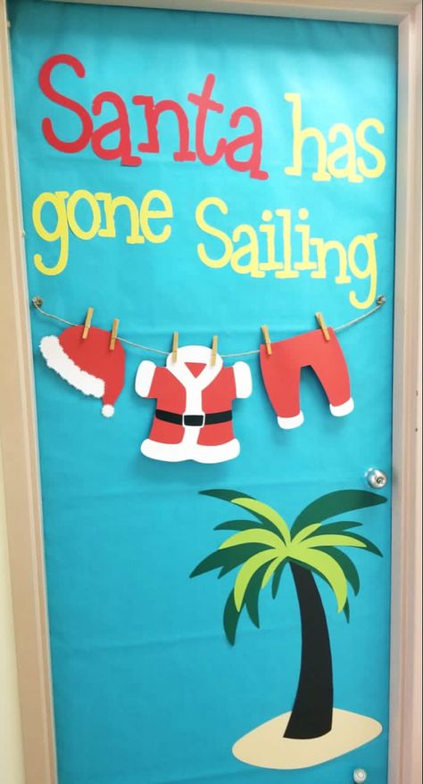 Cruise Cabin Door Decorations Ideas For Christmas, Christmas In July Classroom Ideas, Santa Classroom Door Ideas, Mele Kalikimaka Door Decorations, Cruise Christmas Door Decorations, Tropical Christmas Door Decorations, Beach Christmas Door Decorating Contest, Santa Classroom Door, Christmas Cruise Door Decorations