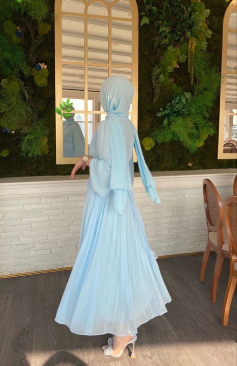 Hijabi Blue Dress, Blue Hijab Aesthetic, Blue Abaya Outfit, Colorful Outfits Hijab, Blue Hijab Outfit, Blue Hijab Dress, Cute Colorful Outfits, Sky Blue Outfit, Blue Abaya