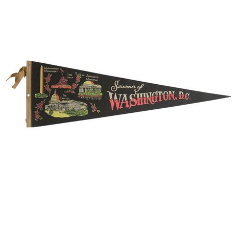 :: Vintage circa 1960s souvenir of Washington, D.C. felt flag souvenir banner pennant with imagery of various popular monuments, such as the Jefferson Memorial and the Washington Monument. Vintage Pennants, Felt Flag, Jefferson Memorial, Washington Monument, Dream Room Inspiration, Vintage Souvenir, American Brand, Girl House, Early American