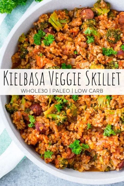 This easy one pan meal is a delicious recipe for meal prep or a busy weeknight. This dish is also healthy and great for different dietary preferences. It is low carb, paleo friendly and Whole30 compliant. #onepanmeals #skilletmeal #whole30 #paleo #keto #paleorecipes #whole30recipes #lowcarb Whole 30 Keilbasa Recipes, Kielbasa Skillet, Veggie Skillet, Egg Free Breakfast, One Pan Meal, Kielbasa Recipes, Detox Challenge, Whole 30 Diet, Smoothie Detox