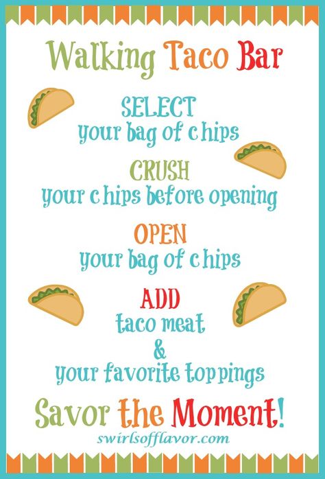 Fun Dinners For Kids, Walking Taco Bar, Taco In A Bag, Taco Bar Party, Printable Signs Free, Walking Taco, Taco Filling, Taco Toppings, Nacho Bar