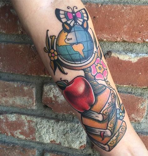 @chrisritch just blew our minds with this teachers tattoo!!! A+ Christa… Mule Tattoo, Teaching Tattoos, Teacher Tattoo, Teacher Tattoos, Ems Tattoos, Cute Ankle Tattoos, First Year Teacher, Apple Tattoo, Globe Tattoos