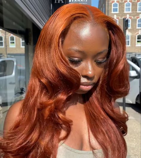 Dark Ginger Orange Hair, Black Women Ginger Wig, Ginger Hair Black Women Sew In, Cayenne Hair Color, Orange Sew In, Ginger Sew In Weave With Leave Out, Copper Hair Dark Skin, Ginger Hair Black Women Dark Skin, Ginger Hair Dark Skin