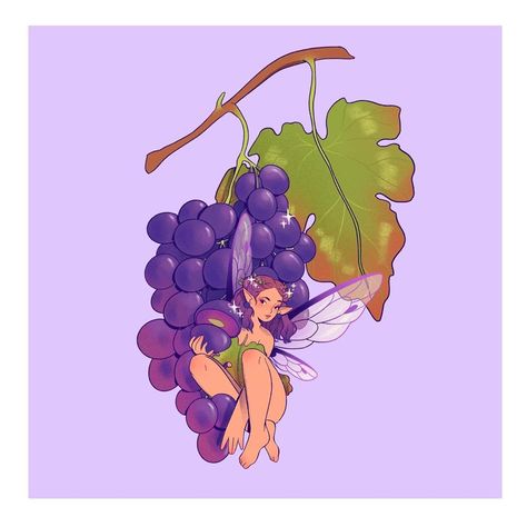 Lana 🌿🌿 on Instagram: “This fairy is bringing some juicy grapes to the feast ✨ they’re a bit big so she might have to grab them one at a time 😭🍇🍇 Only one more…” Fruit Fairy, Cute Merch, One At A Time, Punk Art, Fairy Art, Mixed Media Artists, Funky Art, Character Illustration, Creating Art