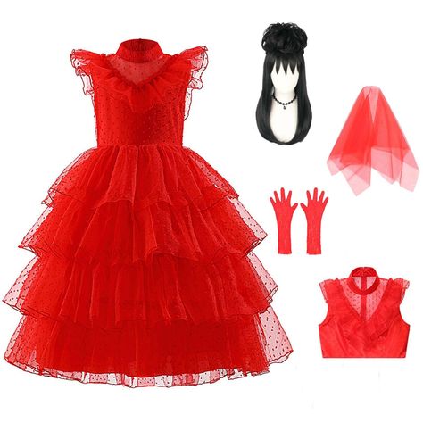 PRICES MAY VARY. 【Lydia Deetz Dress】Girls beetle juice costume, with a fluffy design, richly layered skirt, and brightly colored clothing, put on this bride costume and experience the world of characters. 【Lydia Deetz Costume】Kids Lydia Deetz Costume 4-piece set includes red Lydia Deetz dress, bride veil, gothic lace gloves, beetle wig. Lydia costume is an ideal Halloween girls costume. 【Material】Girls ghost costume is made of lace yarn, which is light and breathable, fluffy and textured, comfor Lydia Deetz Dress, Beetle Juice Costume, Lydia Costume, Red Gothic Dress, Princess Bride Costume, Ghost Bride Costume, Lydia Deetz Costume, Dead Bride Costume, Red Bride