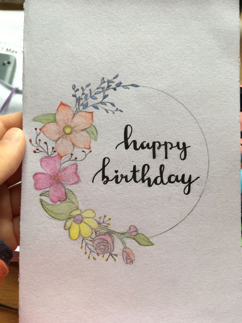 Floral handmade birthday card with watercolour. Bday Handmade Cards, How To Draw Birthday Cards, Happy Birthday Cards Calligraphy, Birthday Card Ideas Aesthetic Flowers, Floral Happy Birthday Card, Birthday Card Watercolour Ideas, Calligraphy Happy Birthday Card, Happy Birthday Mom Diy Card, Creative Birthday Cards For Mom Cute Ideas