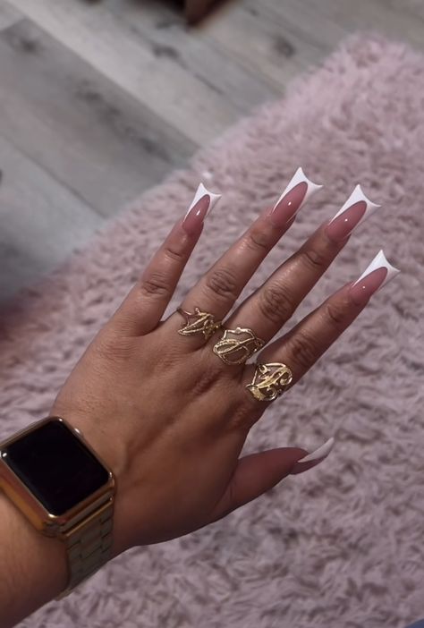 Curved White Nails, French Tip Nails Duck, Duck Nails Birthday Set, White French Tip Duck Nails, Classy Duck Nails, Duck French Tip Nails, Long Duck Nails Acrylic, White Duck Nails, French Duck Nails