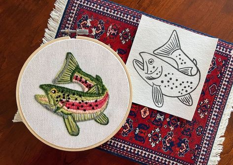 Trout Pattern, Stick And Stitch Embroidery, Stick And Stitch, Animals Embroidery, Trout Fish, Boho Embroidery, Rainbow Trout, Fish Patterns, Animal Embroidery