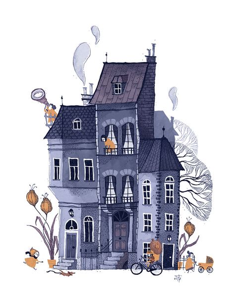 Halloween House Illustration, Halloween House Drawing, Teemu Juhani, Forest Fireflies, Draw Forest, Architectural Illustration, Building Illustration, Illustration Noel, Book Illustration Art