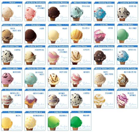 Baskin Robbins flavors available in South Korea Ice Cream Flavors List, Baskin Robbins Flavors, Baskin Robbins Ice Cream, Vanilla Ice Cream Sandwich, Ice Cream Smoothie, Ice Cream Menu, Ice Cream Brands, Ice Cream Day, Buy Cookies