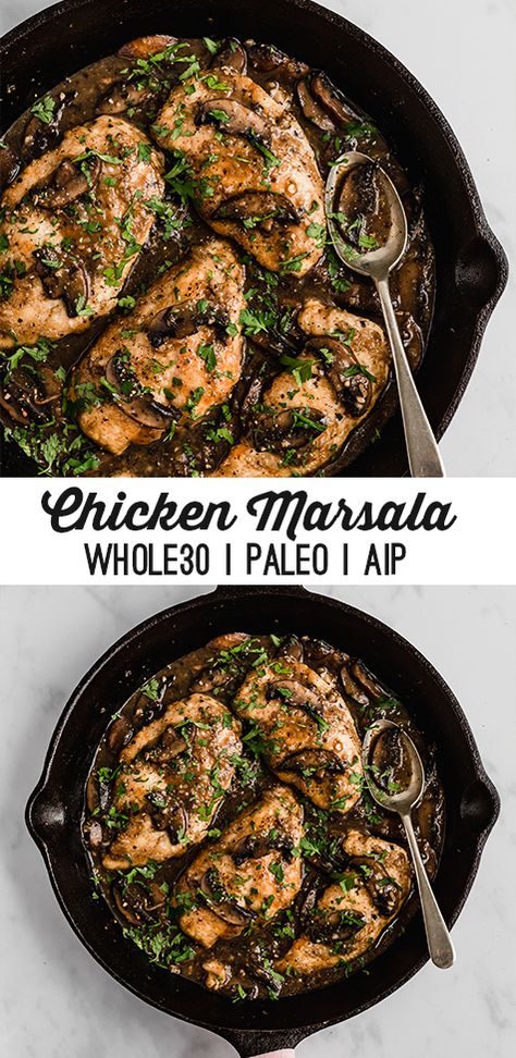 The Easiest Healthy Chicken Marsala - Unbound Wellness Healthy Chicken Marsala, Easy Chicken Marsala, Aip Diet Recipes, Chicken Lombardy Recipes, Unbound Wellness, Autoimmune Paleo Recipes, Aip Paleo Recipes, Chicken Mushroom Recipes, Marsala Chicken Recipes