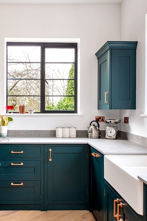 See more of this bespoke kitchens details on our website Teal Aesthetic Kitchen, Jewel Tone Cabinets, Colored Countertops, Winfield House, Navy Kitchen Cabinets, Dark Kitchens, Navy Blue Kitchen Cabinets, Blue Kitchen Designs, Navy Blue Kitchen