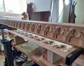 Craft Room Set Up, Christmas Desk, Wood Crown Molding, Carved Wall Art, Pirate Room, Wood Carving Furniture, Forest Grove, Set Dressing, Temple Art