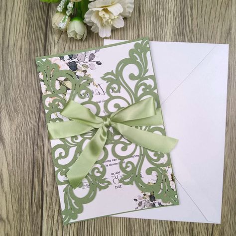 PRICES MAY VARY. Package including: 25 * Invitations Pockets + 25 * Cream Envelopes+25 * Blank Inner Sheets +25 * Ribbons Invitation Pocket:250g Quality Cardboard,4.9 *7.2.Its a whole blank set. The Inner Sheet is BLANK, no flower no text, it is shimmery ivory cardstock. You need laser printer to print. The Ribbons are flat sending, you need to tie bow by yourself. The Invitations are perfect for wedding, bridal shower, engagement, anniversary, festival, birthday, graduation, sweet 16 ect. 25PCS Xv Invitations Green, Sage Party Theme, Princess And The Frog Invitations Quince, Light Green 15 Decorations, Sage Green 15 Invitations, Pastel Green Quinceanera Theme, Enchanted Forest Theme Quinceanera Sage Green, Fairytail Quince Theme, Quinceanera Themes Sage Green