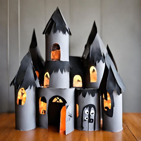 Cardboard Tube Haunted Houses | East Greenwich Free Library Haunted House Out Of Cardboard Boxes, Toilet Paper Roll Haunted House, Easy Diy Haunted House Ideas, Cardboard Crafts Halloween, Diy Cardboard Haunted House, Cardboard Haunted House Diy, Haunted House Cardboard, Cardboard Halloween Decorations Diy, Cardboard Haunted House