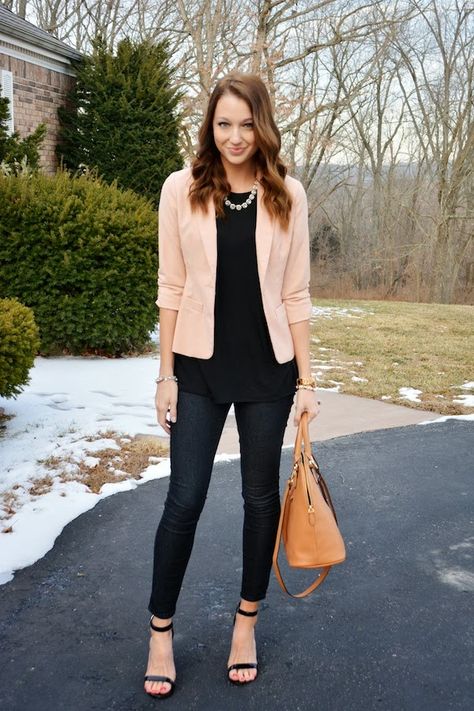 http://www.lovelenore.com/2014/03/march-remix-little-black-t-shirt-1.html Peach And Black Outfit, Peach Shirt Outfit For Women, Blush Pink Blazer Outfit, Peach Blazer Outfit, Salmon Blazer, Pink Blazer Outfit, Blush Blazer, Casual Work Outfit Spring, Pastel Blazer