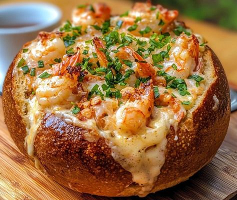 Stuffed Seafood Soup Bread Bowl Stuffed Seafood Soup Bread Bowls, Bread Bowl Soup Recipe, Seafood Bowls Recipe, Stuffed Seafood Soup Bread Bowl, Clam Chowder Bread Bowl Recipe, Stuffed Seafood Bread Bowl, New Years Soup, New Year’s Eve Dinners, Bread Soup Bowls