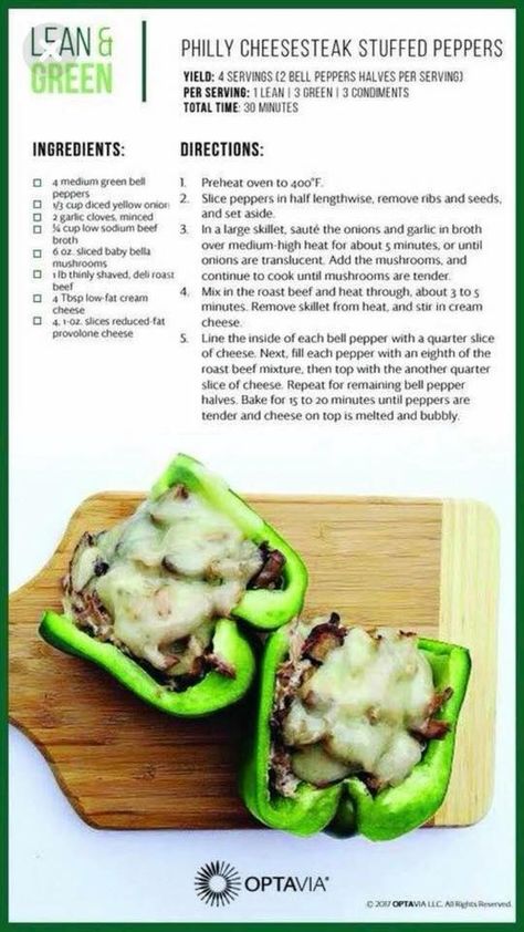 Optavia Lean And Green Recipes, Medifast Recipes, Optavia Lean And Green, Cheesesteak Stuffed Peppers, Lean Protein Meals, Stuffed Peppers Healthy, Lean And Green, Green Meals, Lean Meals