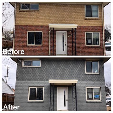 Stained brick looks natural and won’t chip and peel like painted masonry. Brick stain color: Amherst Gray. Brick Tinting, Brick Transformation, Amherst Gray, Exterior Curb Appeal, House Doors Colors, Brick Staining, Outdoor Paint Colors, Stained Brick, Brick House Colors