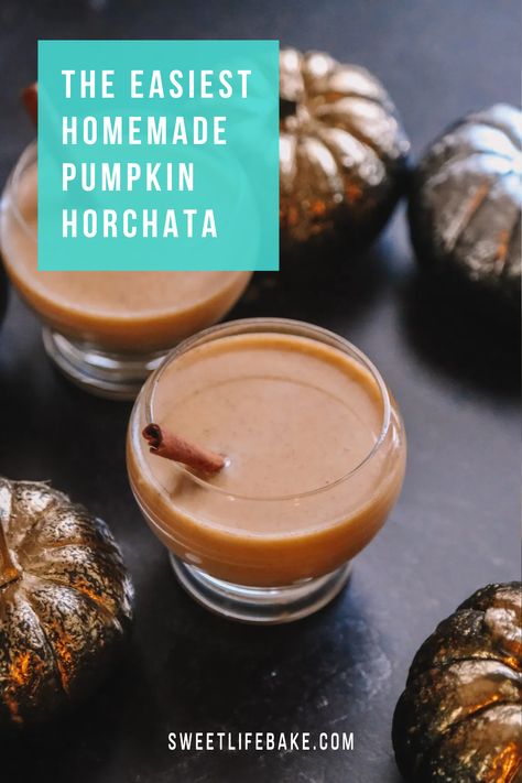 Homemade pumpkin Horchata is a creamy, pumpkin agua fresca made with rice, cinnamon, pumpkin puree, and vanilla. Serve warm or chilled, my pumpkin horchata is not only the easiest to make it also makes for a wonderful addition to your Thanksgiving table. #pumpkinhorchata #horchata #sweetlifebake #sweetlife #sweetliferecipes | Pumpkin Horchata, Rice Cinnamon, Homemade Horchata, Party Nibbles, Horchata Recipe, Fall Eats, Cinnamon Pumpkin, Mocktail Recipes, Homemade Pumpkin Puree