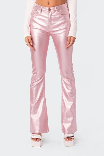 Metallic Pants, Flare Leg Pants, Faux Leather Pants, Look Vintage, Preppy Outfits, Dream Clothes, S Models, Bottoms Pants, Flare Jeans