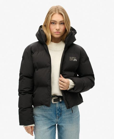 Womens - Hooded Boxy Puffer Jacket in Black | Superdry UK The North Face Outfit, Warm Winter Coats, Cold Fits, Superdry Women, Black Puffer Jacket, Puffer Jacket Women, Bungee Cord, Black Puffer, Winter Coats