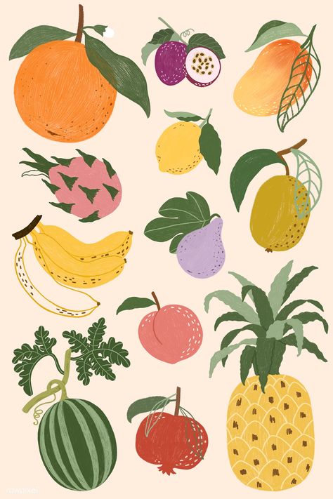 Hand drawn fruits design resource pack mockup | premium image by rawpixel.com / Noon Fruit Doodle, Fruits Design, Cuadros Diy, Pineapple Wallpaper, Pomegranate Design, Fruit Cartoon, Peach Wallpaper, Funny Fruit, Watermelon Designs