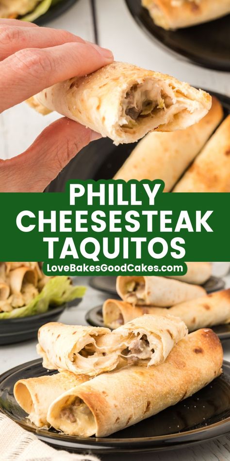 Philly Cheesesteak Taquitos pin collage Steak Taquitos, Cheesesteak Sandwich, Taquitos Recipe, Cheese Steak, Philly Cheese, Philly Cheesesteak, Supper Recipes, Philly Cheese Steak, Football Food