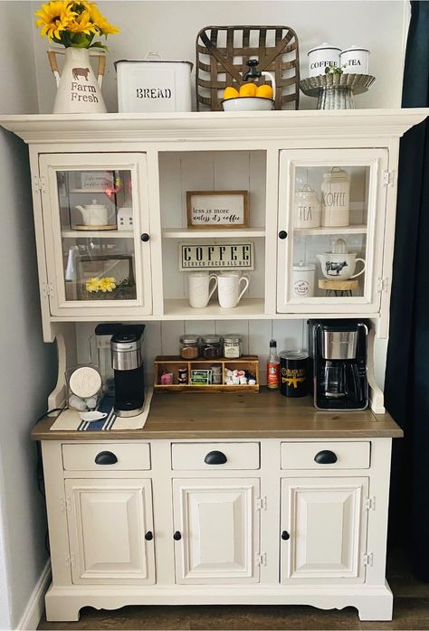 China Cabinet Redo Coffee Bar, Coffee China Cabinet, Coffee Bar China Cabinets, Coffee Buffet Ideas, Coffee Bar From China Cabinet, Kitchen Hutch Coffee Bar, Vintage Coffee Station, China Hutch Coffee Bar, Hutch Coffee Bar Ideas