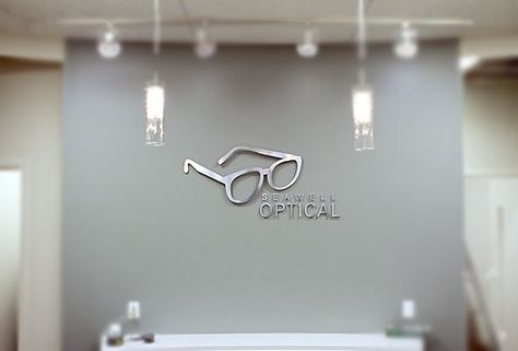 Office Sign Design, Wall Design Office, Office Signage Design, Business Sign Design, Mirror Office, Corporate Signs, Eyewear Store Design, Optometry Office, Signs Business