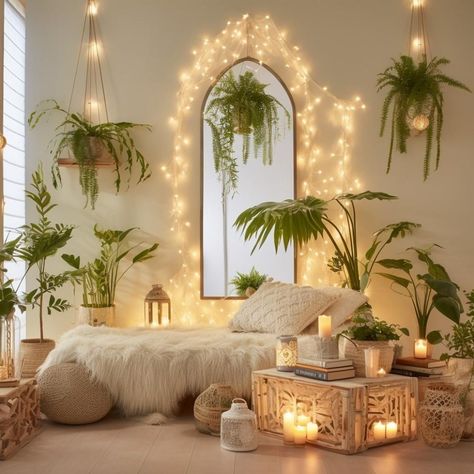 Healing Interior Design, Boho Zen Room, Accent Walls Wallpaper, Pothos Decor, Floor Altar, Boho Yoga Room, Yoga Building, Reiki Space, Boho Meditation Space