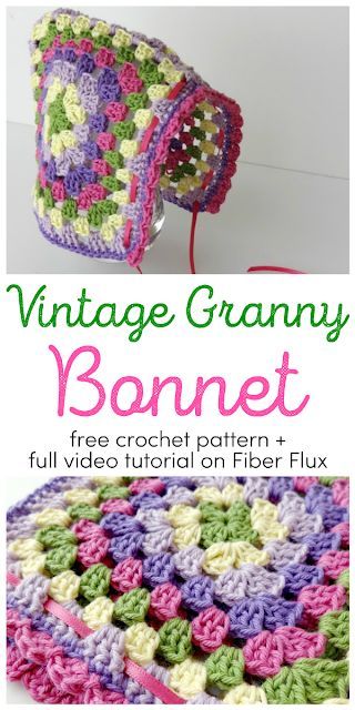 Vintage Granny Bonnet, free crochet pattern + full video tutorial on Fiber Flux Crochet Granny Hat Free Pattern, Granny Square Bonnet Patterns, Crochet Granny Square Beanie Free Pattern, Square Hat Crochet Pattern, Granny Square Bonnet, Crochet Cape, Crochet Tutorial Pattern, Bonnet Pattern, Cap Patterns