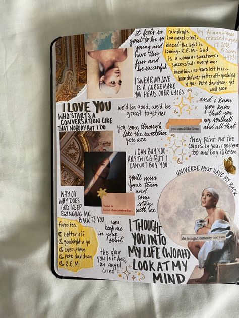 Ariana Grande Scrapbook, Journal Ideas Song Lyrics, Ariana Grande Journal Ideas, Album Review Journal, Ariana Grane, Sweetener Ariana Grande, Lyric Book, Ariana Grande Lyrics, Song Writing