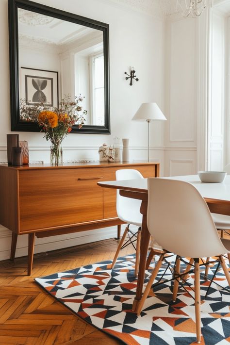 Get a stunning mid century modern dining room with these decor ideas and inspo. Mid Century Modern Dining Room Ideas, Modern Dining Room Ideas, Small Dining Room, French Mid Century Modern, Mid Century Modern Dining Room, Cozy Desk, Room Vibes, Black Countertops, Living Room Setup