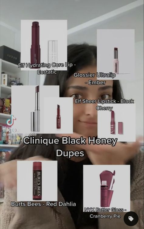 Black Cherry Clinique, Dark Cherry Lip Combo, Dark Coquette Makeup Products, Black Cherry Lips, Brown Red Lipstick, Black Cherry Lipstick, Cherry Lipstick, Clinique Black Honey, Lip Combos