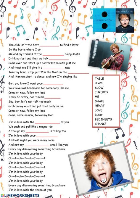 Photograph Song, Shape Of You Ed Sheeran, Listening Song, Song Worksheet, Piano Worksheets, Listening English, Listening Activities, English Listening, Esl Reading