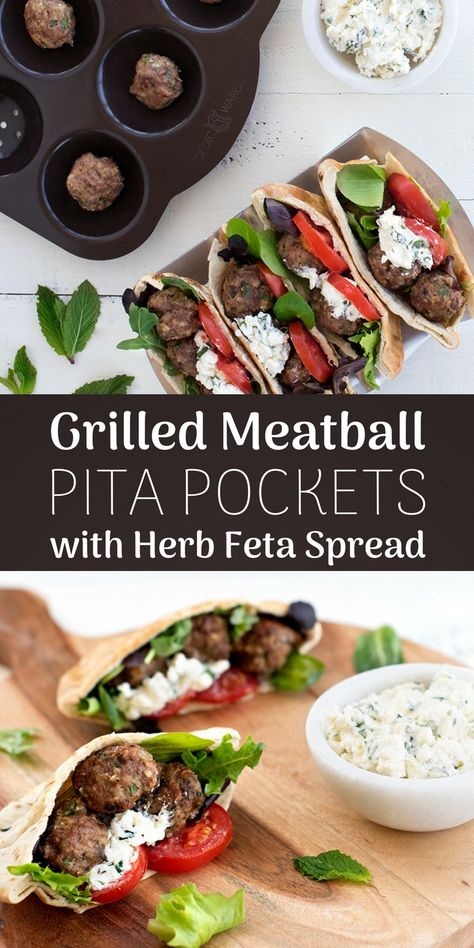 Meatball Pita Pockets, Greek Pita Pockets, Meatball Pita, Lamb Pita, Pocket Sandwiches, Feta Spread, Pita Pocket Recipes, Lamb Meatballs Greek, Sandwich Wraps Recipes