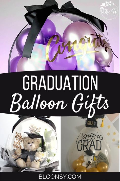 graduation balloon gifts Graduation Stuffed Balloons, Stuffed Balloon Ideas, Balloon Stuffing Machine, Graduation Teddy Bear, Graduation Money Gifts, Cash Gifts, Balloon House, Black And Gold Theme, Balloon Designs