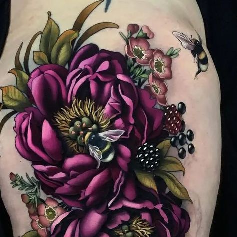 Burgundy Flower Tattoo, Cover Up Dark Tattoos, Dark Flower Cover Up Tattoo, Neotraditional Back Piece, Chest Tattoo Floral, Goth Flower Tattoo, Monochromatic Tattoo, Neotraditional Flower Tattoo, Dark Flower Tattoo